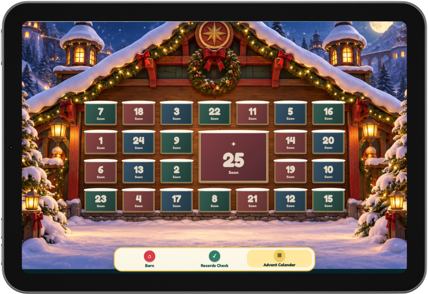 Tablet preview of the North Pole advent calendar with its larger Christmas Day window