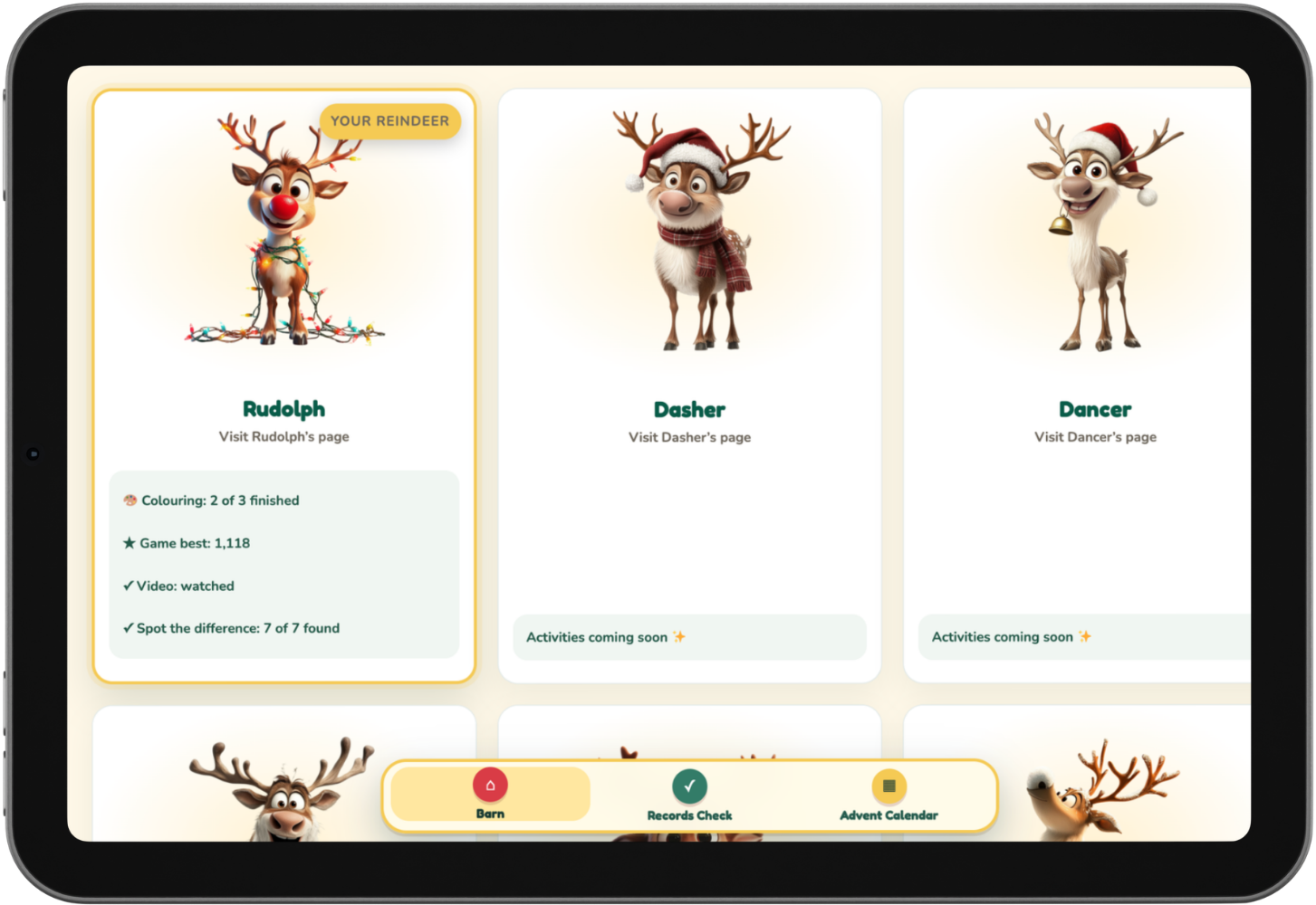 Tablet preview of the Reindeer Barn and saved activity progress