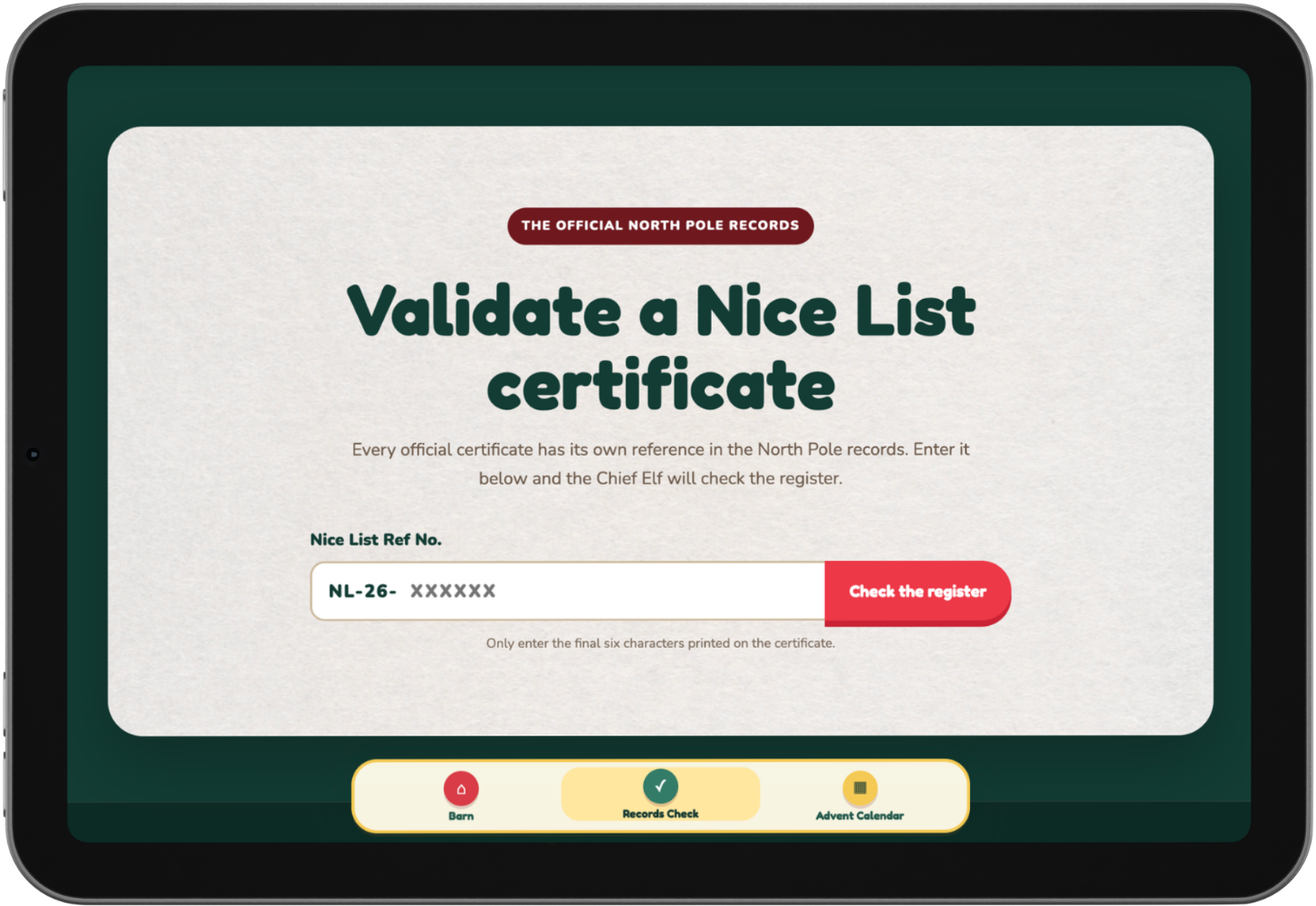 Tablet preview of the official North Pole certificate checker