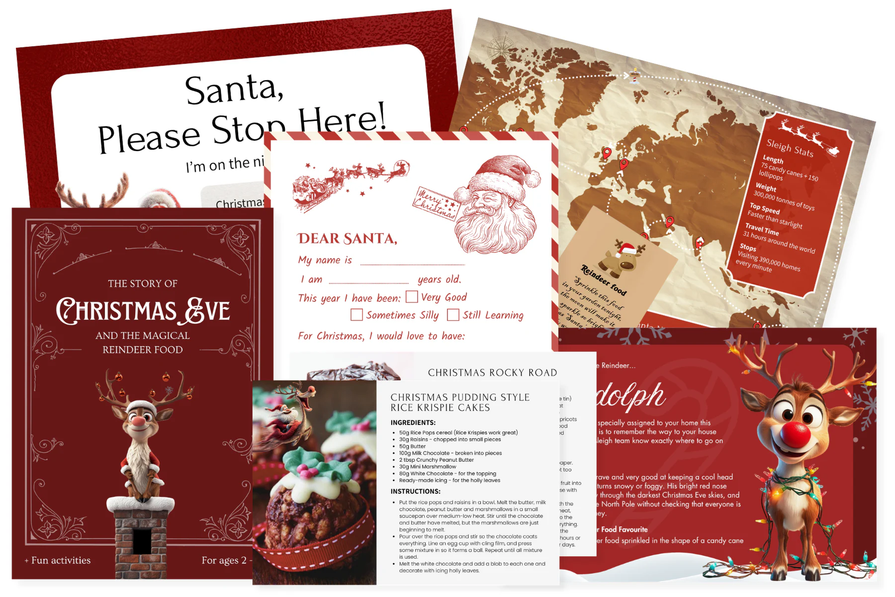 Christmas storybook, reply to Santa sheet, route map, poster, recipe cards, reindeer food package and reindeer profile card