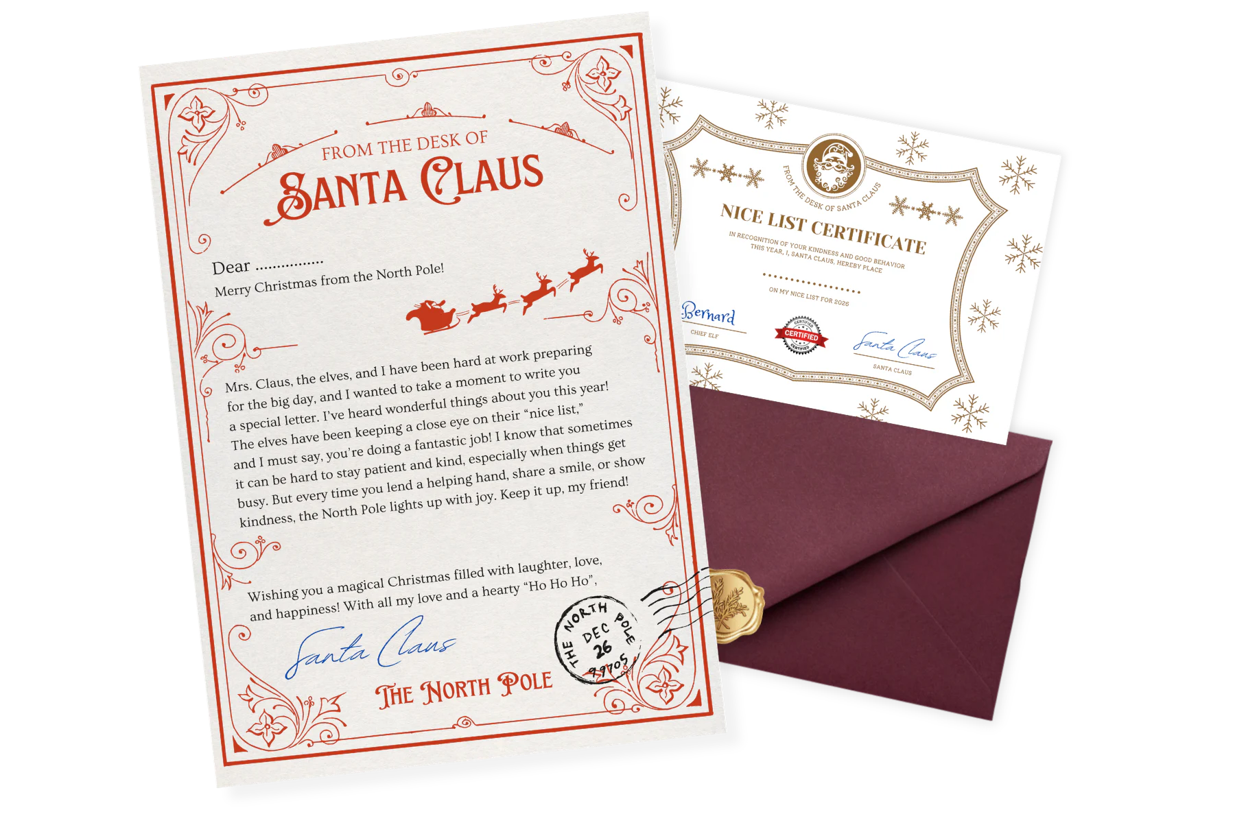 A personalised Santa letter, Nice List certificate and officially sealed burgundy envelope arranged together